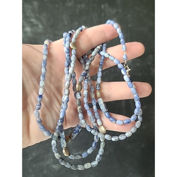 925 Sterling Silver Sodalite & Brushed Silver Beaded Extra Long Necklace Vintage - Picture 1 of 10